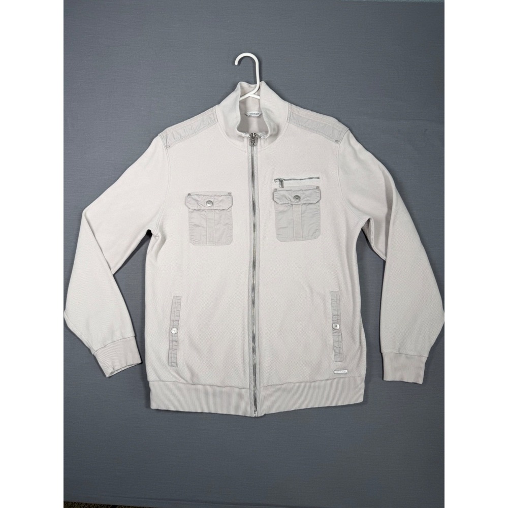Calvin Klein  Full Zip Jacket Sweater Bomber Pockets Gray Sz Lg Utility Cotton